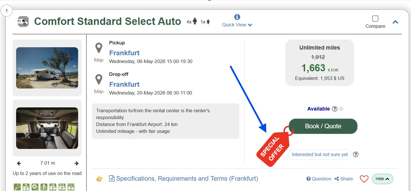 free one way RV rental in Europe no drop charge